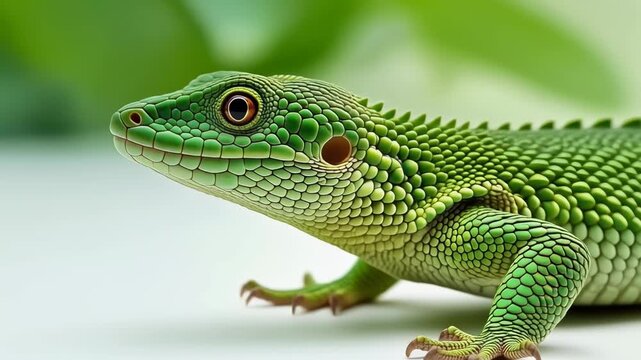 Vibrant Green Keel Bellied Lizard Posing on a White Surface.