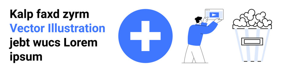 Obraz premium person holding tablet displaying video, blue medical cross, and popcorn bucket. Ideal for media, health, entertainment, presentations, remote work, education simple landing page