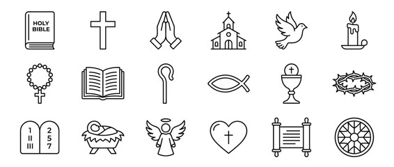 A collection of twenty Christian religious icons in a line art style.