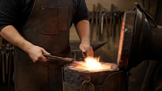 A blacksmith forges metal, using heat and tools in a workshop setting