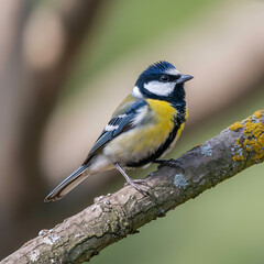 Fototapeta premium A vibrant great tit perched peacefully on a lichen-covered branch in its natural habitat