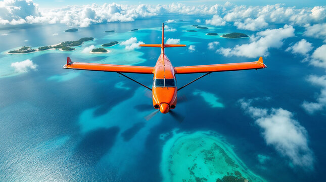Top-down aerial of an orange bush plane flying over tropical lagoons