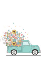 Fototapeta premium Valentine's Day vintage Truck Carrying Flowers Illustration