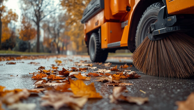 Municipal sweeper truck cleans city street with large rotating brushes. Machine collects fallen autumn leaves and debris from paved path