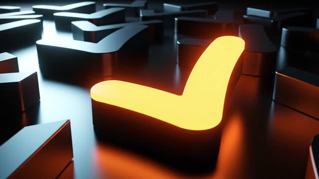 Vibrant Orange Checkmark Symbol Glowing Brightly Among Dark Metallic Marks, Illustrating Concepts of Success, Approval, Selection, and The Right Ch...
