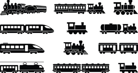 Train silhouette icon set, steam locomotive, electric train, high-speed rail, freight transport, vintage engine, railway grid, transportation illustration © MdMahmudul