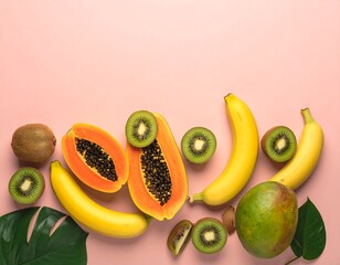 Fresh Tropical Fruits Flat Lay on Pastel Background