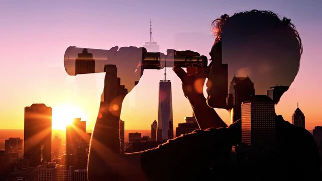 Future Vision: Man's Silhouette with Telescope Overlaid on a Vibrant City Skyline at Golden Hour, Symbolizing Urban Exploration and Business Goals - Powered by Adobe