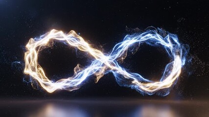 Golden blue energy ribbon forming infinity loop with glowing particle spark trails and reflective dark surface, electric blue and warm gold motion crossing X figure eight with radiant light reflection - Powered by Adobe