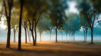 Ethereal Morning Scene with Tall Trees Shrouded in Mist Under Soft Natural Light in a Beautiful Tranquil Landscape Setting