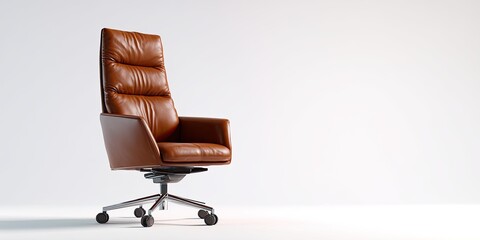 A luxurious brown leather office chair against a clean white backdrop, elegant and inviting