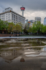 Calgary Tower rising above downtown buildings with reflection in puddles