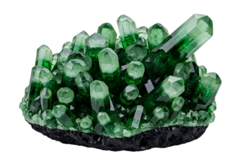 A vibrant cluster of green crystals on a dark rock base, highlighting intricate facets and points, isolated on transparent background.