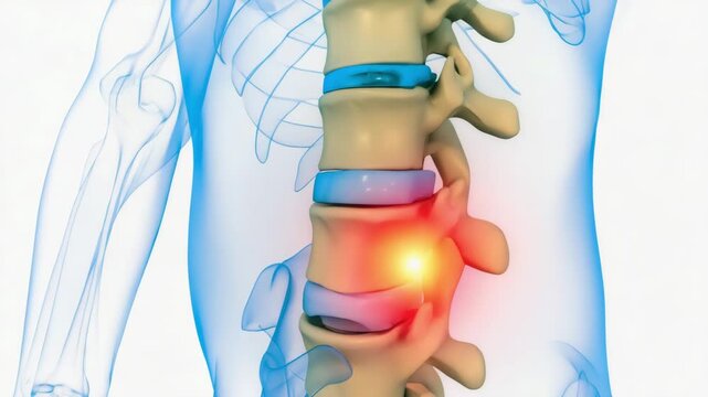 Detailed 3D Medical Illustration of Human Spine with Lumbar Disc Herniation and Inflammation Highlighted  4k hd video download