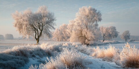 Winter landscape with frosted trees and plants bathed in soft sunlight