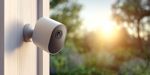 A security device mounted on a wooden surface, with a blurred backdrop of trees and sunlight