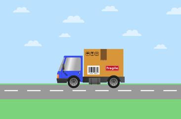 Flat vector illustration of a delivery truck transporting a cardboard package labeled fragile on a road under a blue sky.