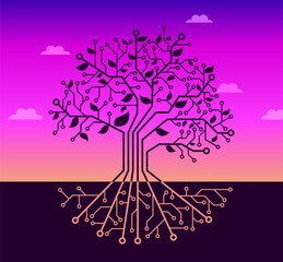 Abstract vector illustration of a tree made of electronic circuits, symbolizing the connection between nature and modern technology. Concept of artificial intelligence