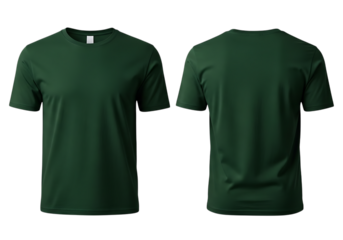 Dark green t-shirt mockup, front and back view, men's casual apparel isolated on transparent background