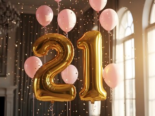 Golden foil number 21 balloons with pink balloons and falling confetti for twenty first birthday party celebration

