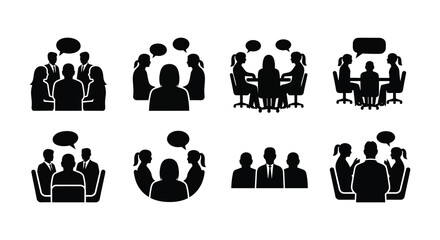 group of people in meetings and discussions depicted as a stark black silhouette