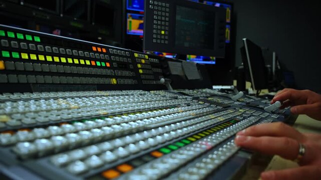 Male hands of a director operating a professional video switcher console with illuminated buttons in a television broadcast control room during a live production event in a dark studio