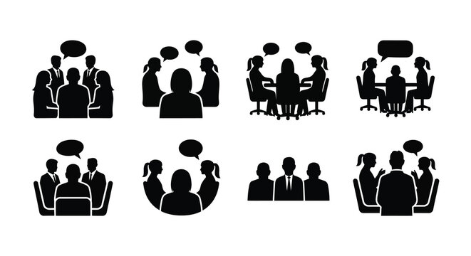 group of people in meetings and discussions depicted as a stark black silhouette