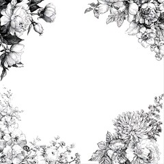 flowers and flora hand drawings, white background drawings of flowers as a borders of a page all four corners and all four sides, continuous drawings of flowers in FLORA.