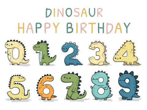 cute numberic birthday dinosaur hand drawn Vector Set