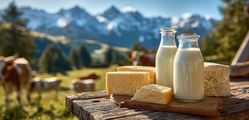 Still life of dairy products cheese, milk bottles, and rustic wooden board on a grassy hillside