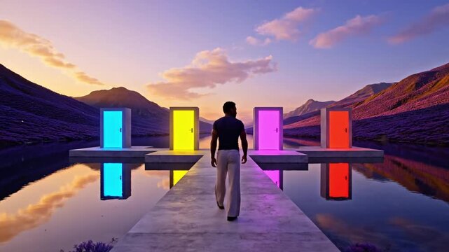 Individual approaches multiple vibrant, glowing doors over tranquil water at sunset, representing life choices, future paths, and new opportunities