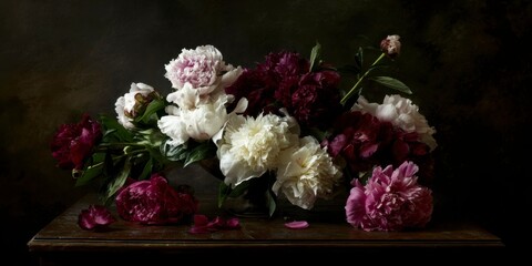 dark pink, white, and burgundy peonies