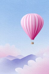 watercolor hot air balloon, light pink pastel background with clouds