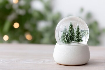 white ceramic small snow globe with green christmas tree branches inside on a blurred background, with space for copy.