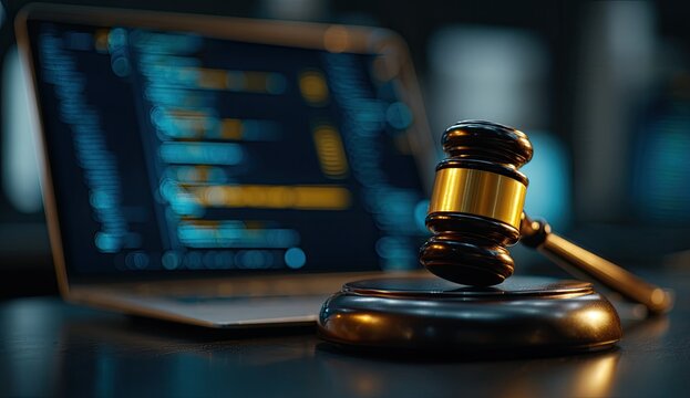 Close-up of gavel on stand near laptop showing computer code, reflecting justice and technology