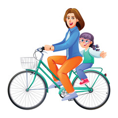 Woman in jacket riding bicycle with her young daughter sitting on the back seat. Vector cartoon character illustration