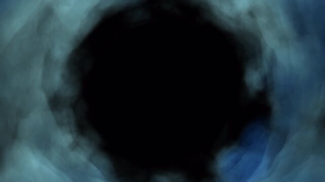 Camera flying through tunnel of turquoise and blue clouds on transparent background. Soft colorful cloud vortex animation with smooth forward motion and airy depth.