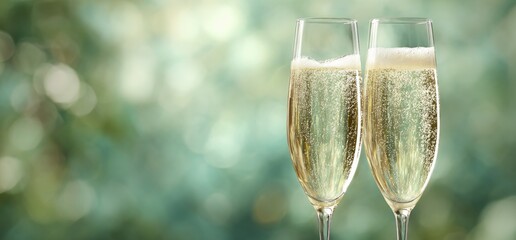 Two champagne flutes filled with bubbly, with a blurred green background