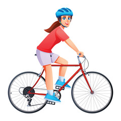 Sporty woman wearing helmet riding road bike for fitness and daily commute. Vector cartoon character illustration