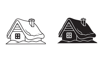 Winter Snow Covered Cabin house Icon in Outline and filled Vector