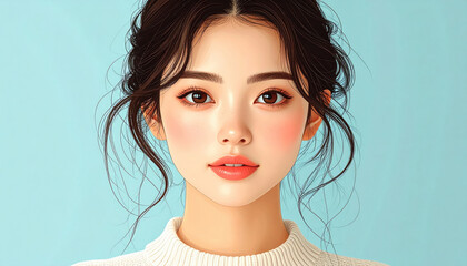 Soft portrait young woman clear skin natural makeup pastel color beauty cute face digital art blue background sweater feminine charm glow in gentle closeup fantasy style dreamy mood and elegance