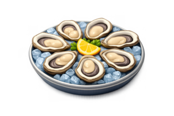 Fresh oyster icon with ice and lemon slice for culinary design and food presentation