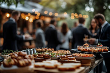  business event with people , standing around tables of food and drinks, 
