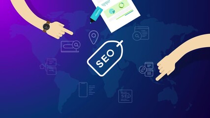 Animation of hands pointing to SEO tag symbol on global map background with digital documents and business icons - Powered by Adobe