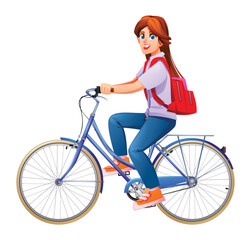 Student girl with backpack riding classic bicycle to school or college. Vector cartoon character illustration