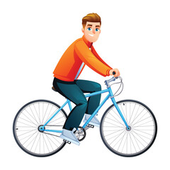 Happy young man in jacket riding bicycle for healthy urban lifestyle. Vector cartoon character illustration