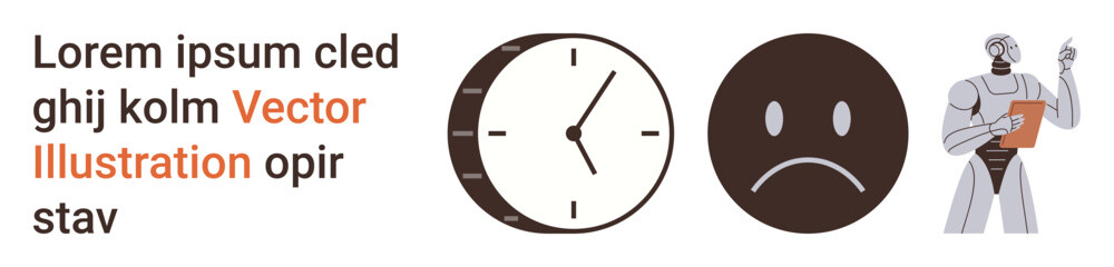 Fototapeta premium Time management, emotional expression, AI evolution, facial emotions, robotics, futuristic concepts. A clock, sad face and robot figure . Time management and emotional expression concepts
