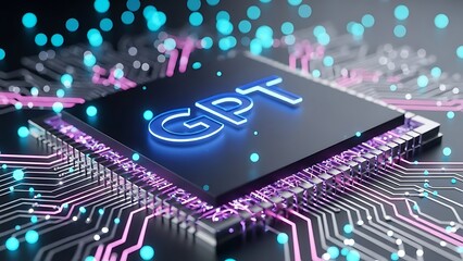 Close-up of GPT chip with glowing blue circuits and neon lights on motherboard