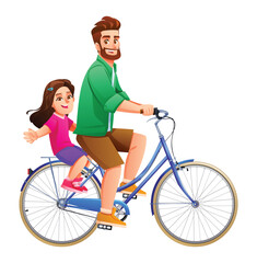 Father riding bicycle with his young daughter on the back rack seat. Vector cartoon character illustration