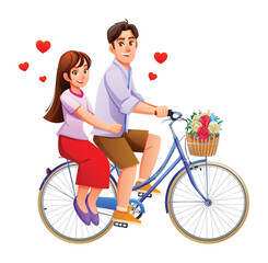 Young couple in love riding bicycle with flower basket and floating hearts. Vector cartoon character illustration